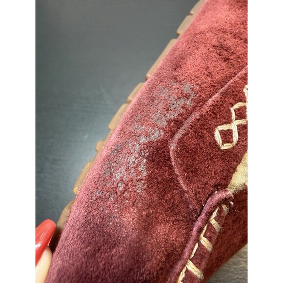 Women's 6 M Ugg Ansley 3312 Burgundy Suede Leather Slippers Moccasins Fur Lined - Picture 13 of 16